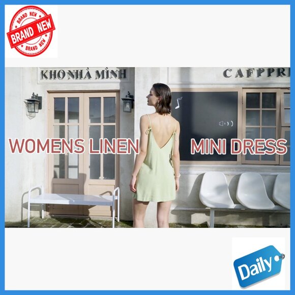 Linen Mini Dress Spaghetti Strap Open Back Sundress Beach Casual - Picture 7 of 7